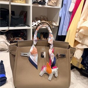 Designer Etoupe Leather Tote with Scarf and Charm 30